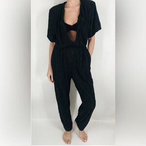 Oscar de la Renta black plisse swim coverup jumpsuit